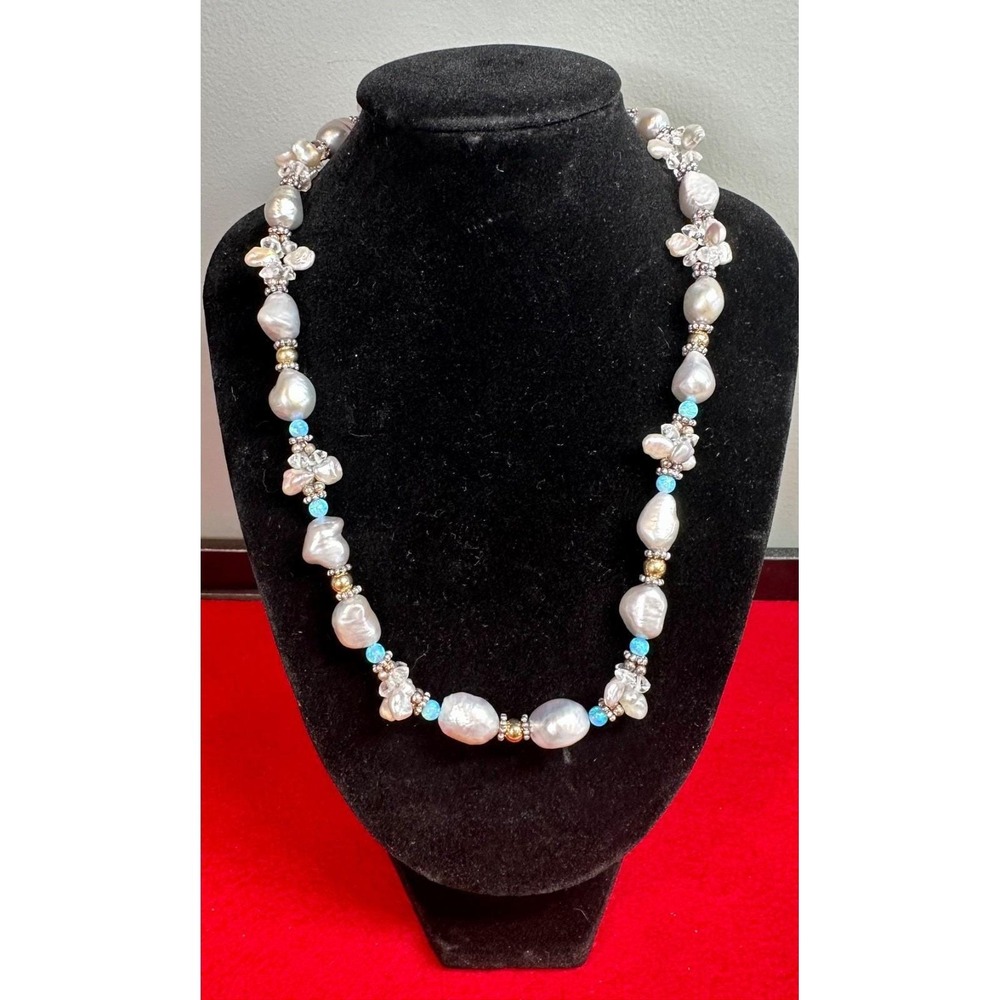 K1E Israel Baroque Pearl Necklace 925 Sterling & 14K Gold Opal Quartz Artisan